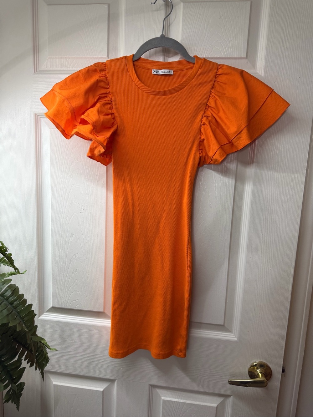 Zara Bright Orange Ruffle-Sleeve Ribbed Cotton Mini Dress